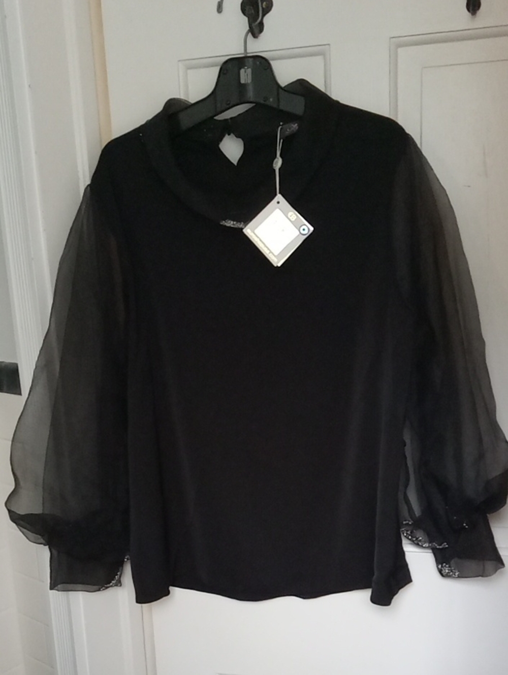 🖤 NWT GOGO Istanbul Floating Rhinestone Sheer Balloon Sleeve Blouse – Size 48